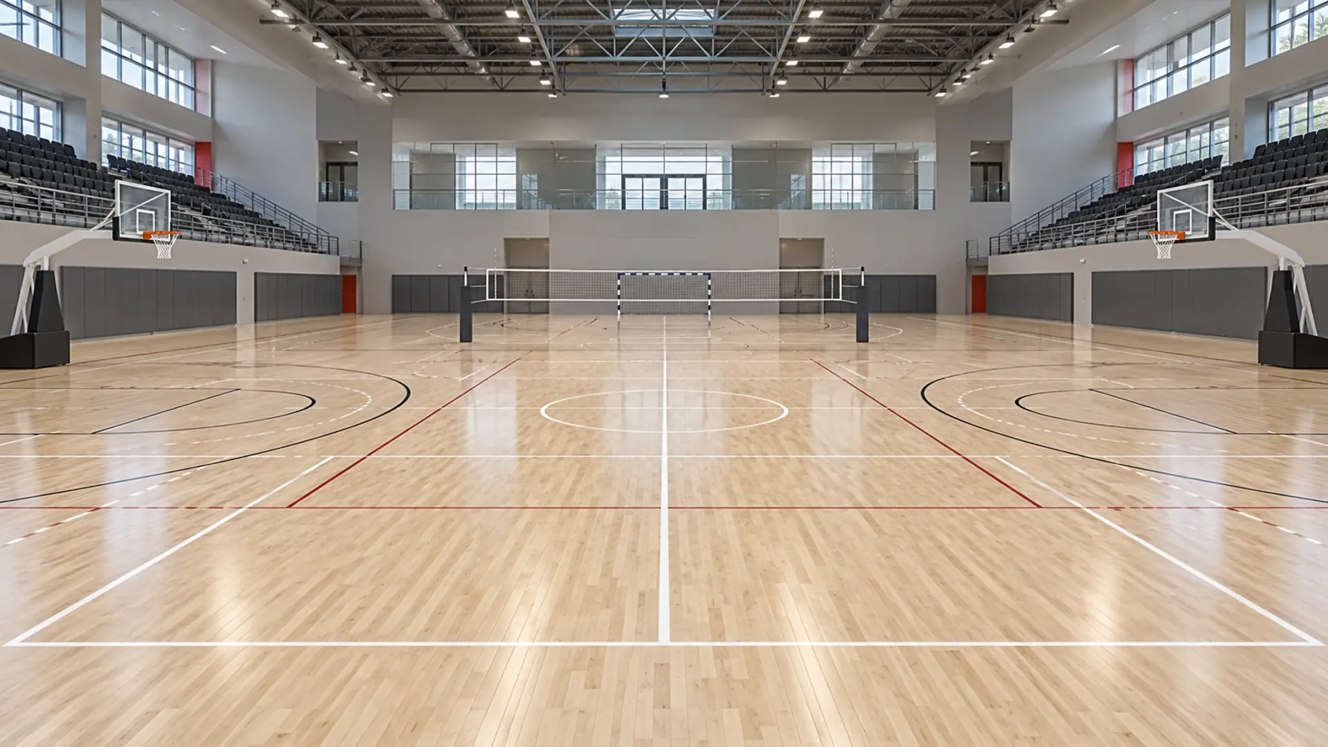 Masif ahşap spor parkesi bulunan profesyonel çok amaçlı salon