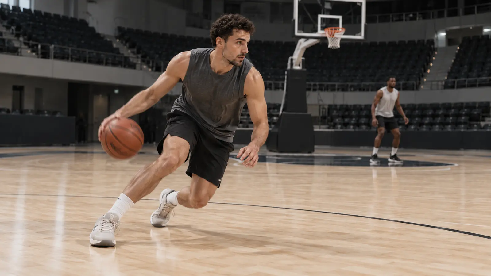 Masif ahşap spor zemininde basketbolcu hareketi ve top kontrolü
