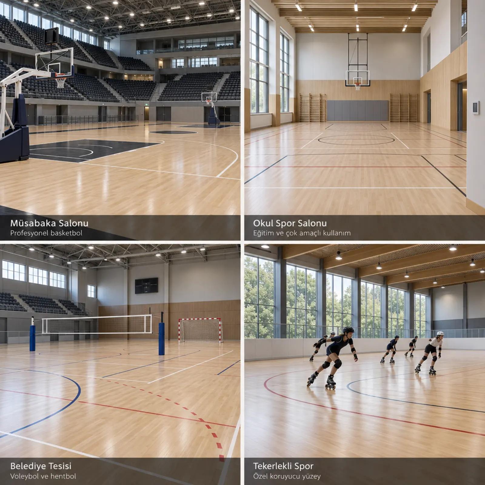 Masif spor parkesi kullanılan basketbol, okul, çok amaçlı ve tekerlekli spor salonları